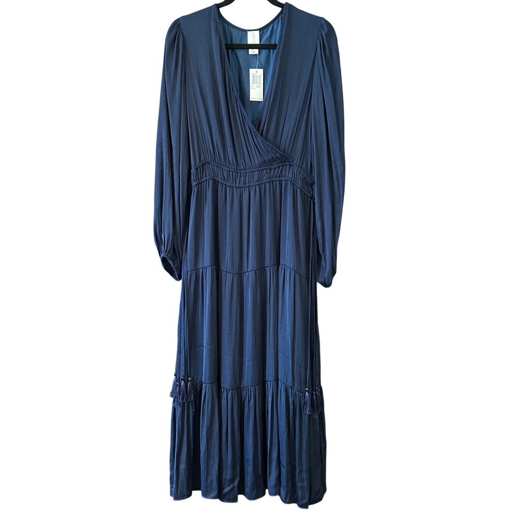 NWT Joie Navy Blue Maxi Dress XL Balloon Long Sleeve Fringed Tassel V-Neck Silky